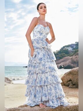 Romantic Blue Floral Tiered Maxi Dress with Spaghetti Straps